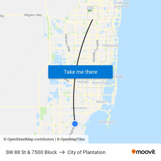 SW 88 St & 7500 Block to City of Plantation map