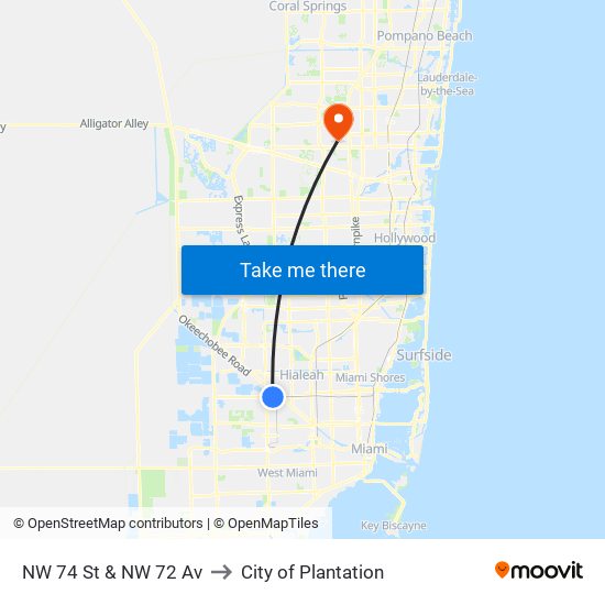 NW 74 St & NW 72 Av to City of Plantation map