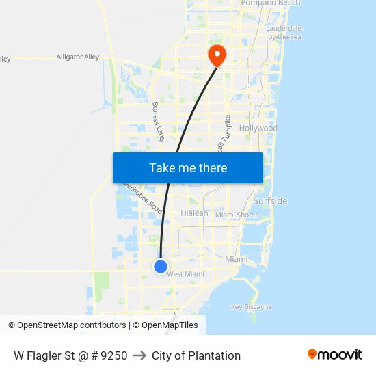 W Flagler St @ # 9250 to City of Plantation map