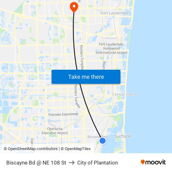 Biscayne Bd @ NE 108 St to City of Plantation map