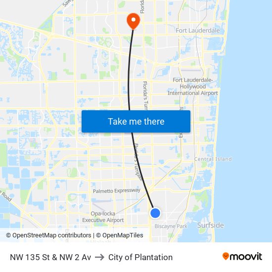 NW 135 St & NW 2 Av to City of Plantation map