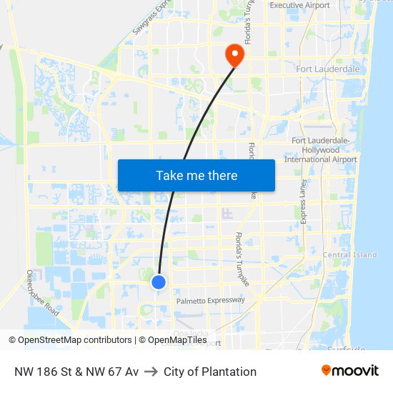 NW 186 St & NW 67 Av to City of Plantation map