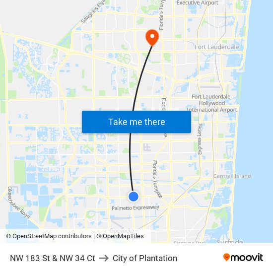 NW 183 St & NW 34 Ct to City of Plantation map