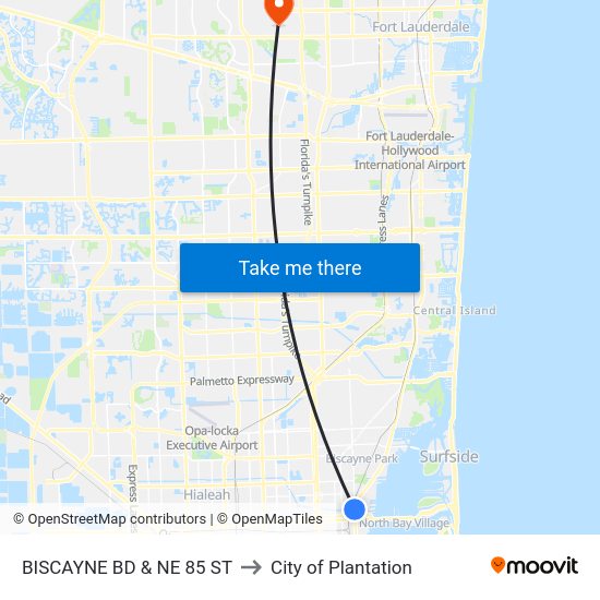 Biscayne Bd & NE 85 St to City of Plantation map