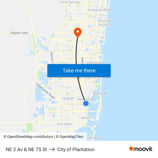 NE 2 Av & NE 75 St to City of Plantation map