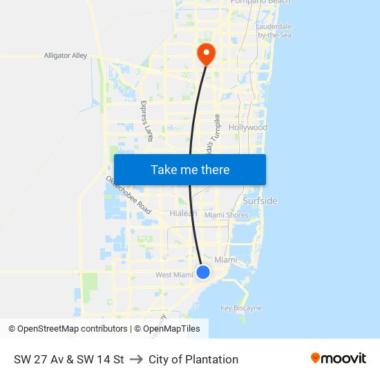 SW 27 Av & SW 14 St to City of Plantation map