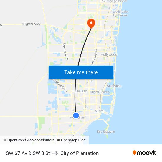 SW 67 Av & SW 8 St to City of Plantation map