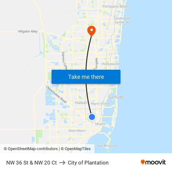 NW 36 St & NW 20 Ct to City of Plantation map