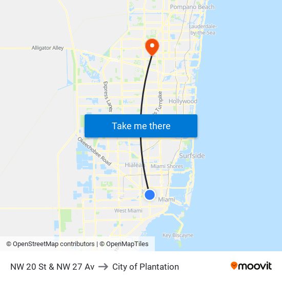 NW 20 St & NW 27 Av to City of Plantation map