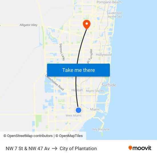 NW 7 St & NW 47 Av to City of Plantation map