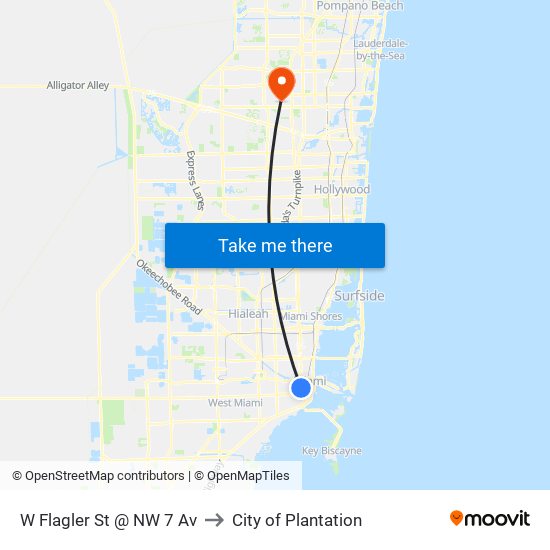 W Flagler St @ NW 7 Av to City of Plantation map