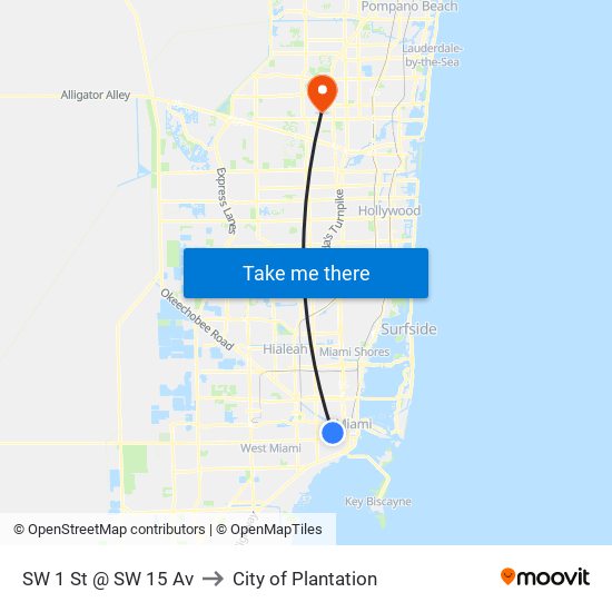 SW 1 St @ SW 15 Av to City of Plantation map