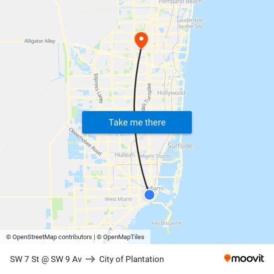 SW 7 St @ SW 9 Av to City of Plantation map