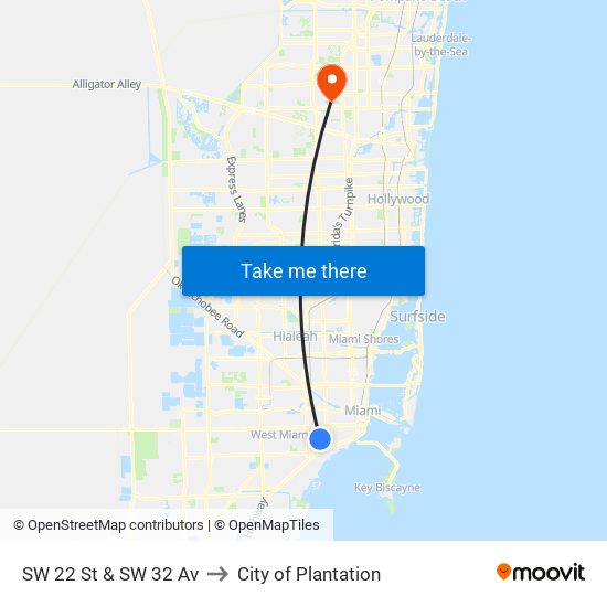 SW 22 St & SW 32 Av to City of Plantation map