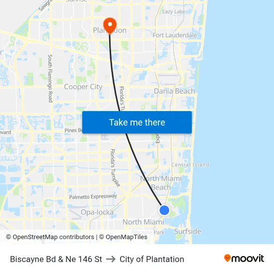 Biscayne Bd & Ne 146 St to City of Plantation map