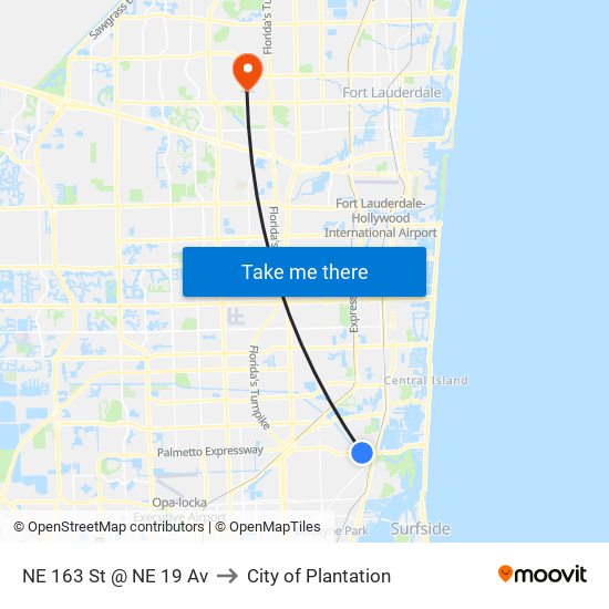 NE 163 St @ NE 19 Av to City of Plantation map