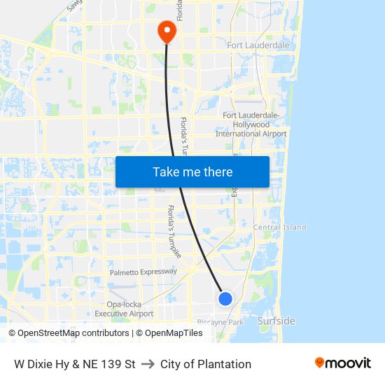 W Dixie Hy & NE 139 St to City of Plantation map