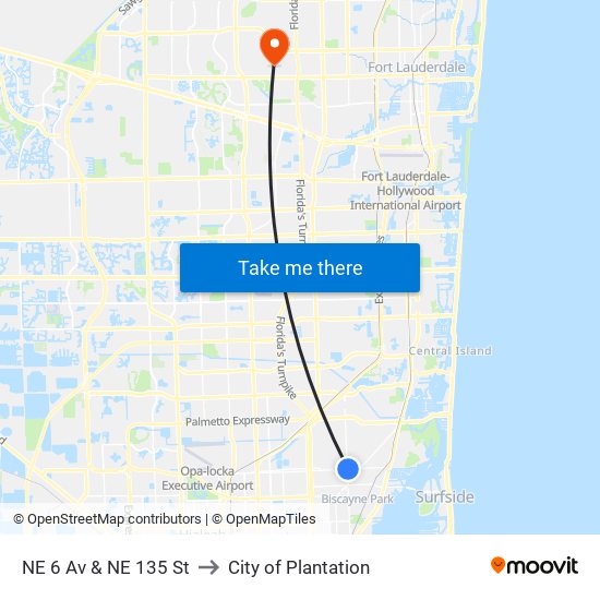 NE 6 Av & NE 135 St to City of Plantation map