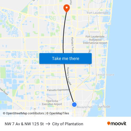 NW 7 Av & NW 125 St to City of Plantation map