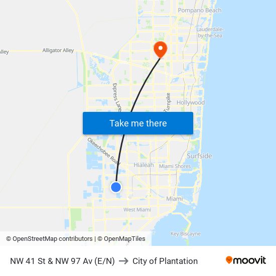 NW 41 St & NW 97 Av (E/N) to City of Plantation map