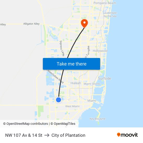 NW 107 Av & 14 St to City of Plantation map