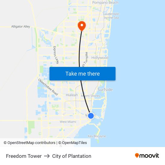 Freedom Tower to City of Plantation map