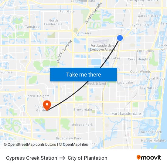 Cypress Creek Station to City of Plantation map