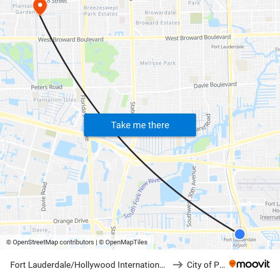 Fort Lauderdale/Hollywood International Airport at Dania Beach Station to City of Plantation map