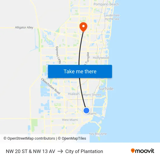 Nw 20 St & Nw 13 Av to City of Plantation map