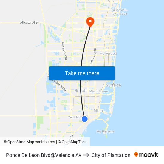 Ponce De Leon Blvd@Valencia Av to City of Plantation map