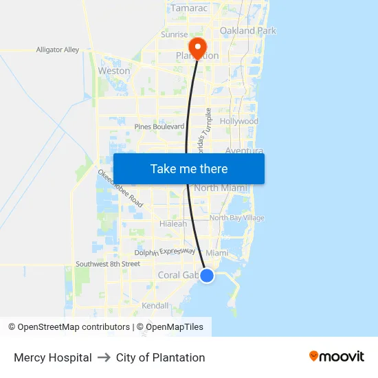 Mercy Hospital to City of Plantation map