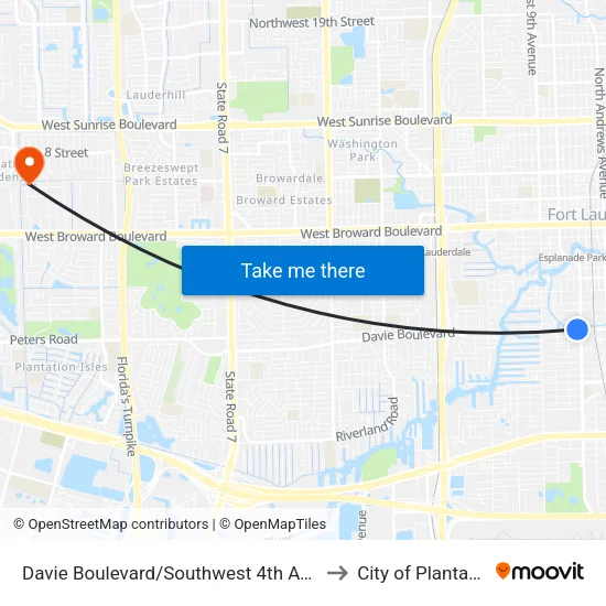 Davie Boulevard/Southwest 4th Avenue to City of Plantation map