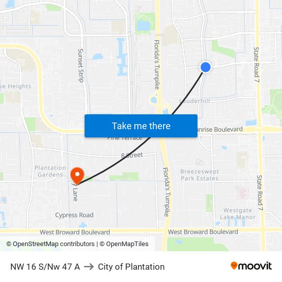 NW 16 S/Nw 47 A to City of Plantation map