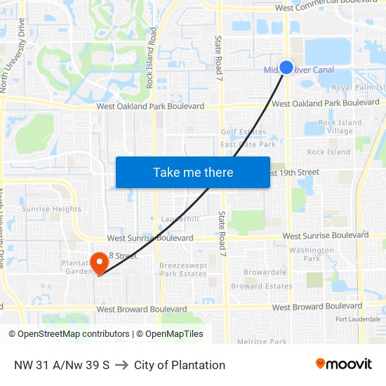 NW 31 A/NW 39 S to City of Plantation map