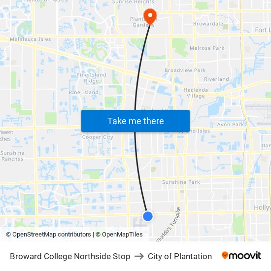 Broward College Northside Stop to City of Plantation map