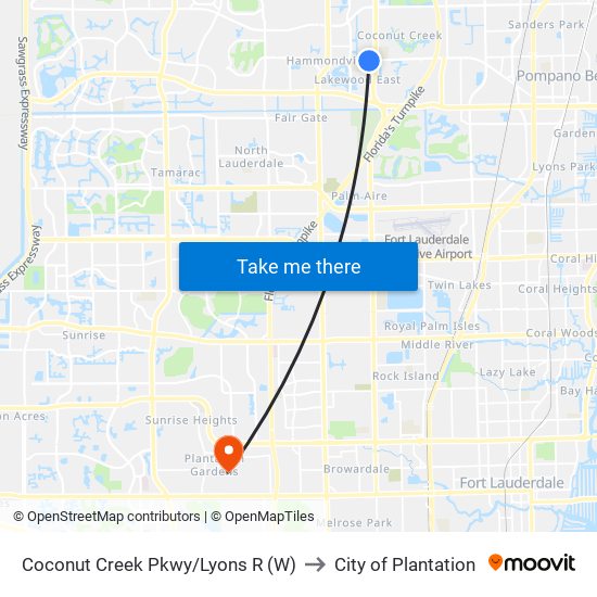 Coconut Creek Pkwy/Lyons R (W) to City of Plantation map