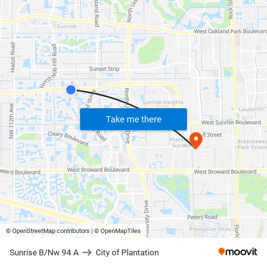 SUNRISE B/NW 94 A to City of Plantation map