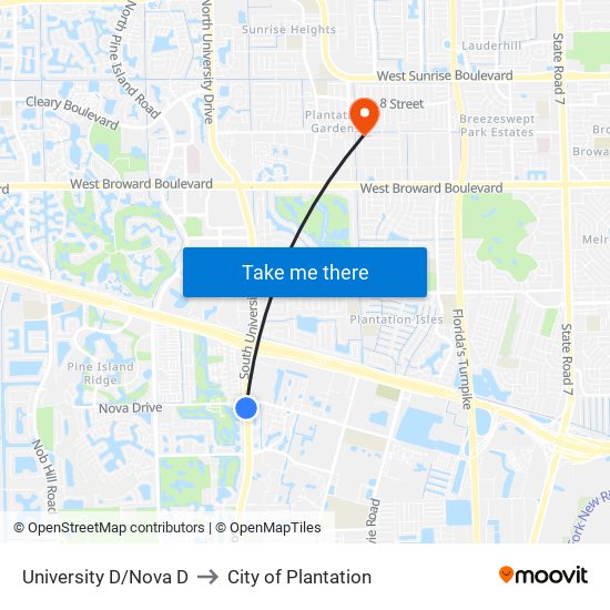 University D/Nova D to City of Plantation map