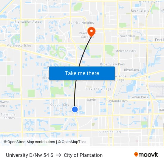 University D/Nw 54 S to City of Plantation map