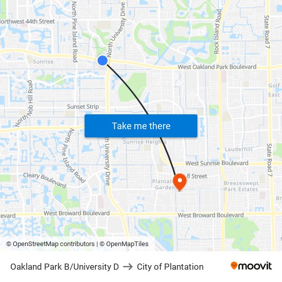 Oakland Park B/University D to City of Plantation map