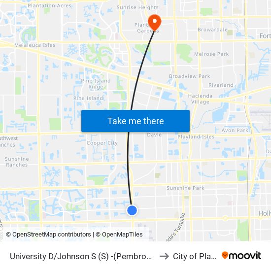 University D/Johnson S (S) -(Pembroke Commons P&R) to City of Plantation map