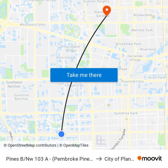 Pines B/Nw 103 A - (Pembroke Pines City Center) to City of Plantation map