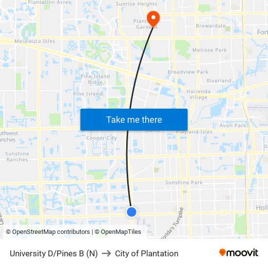 UNIVERSITY D/PINES B (N) to City of Plantation map