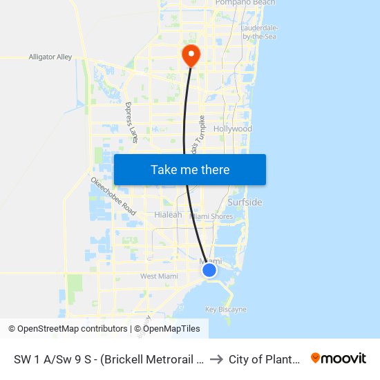 SW 1 A/Sw 9 S - (Brickell Metrorail Station) to City of Plantation map