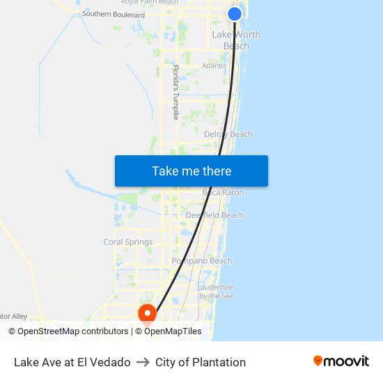 Lake Ave at El Vedado to City of Plantation map