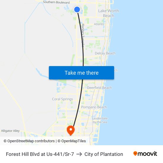 Forest Hill Blvd at  Us-441/Sr-7 to City of Plantation map