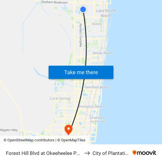 Forest Hill Blvd at Okeeheelee Pk E to City of Plantation map