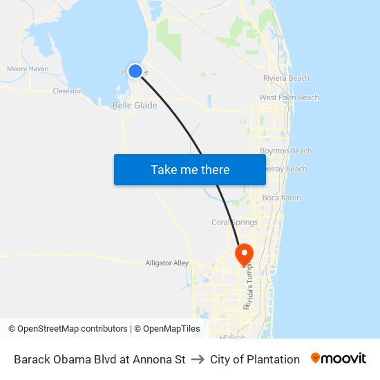 Barack Obama Blvd at Annona St to City of Plantation map