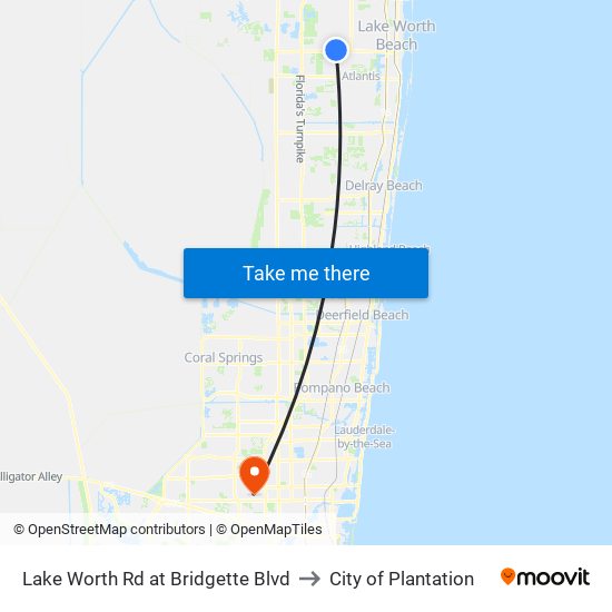 LAKE WORTH RD at BRIDGETTE BLVD to City of Plantation map