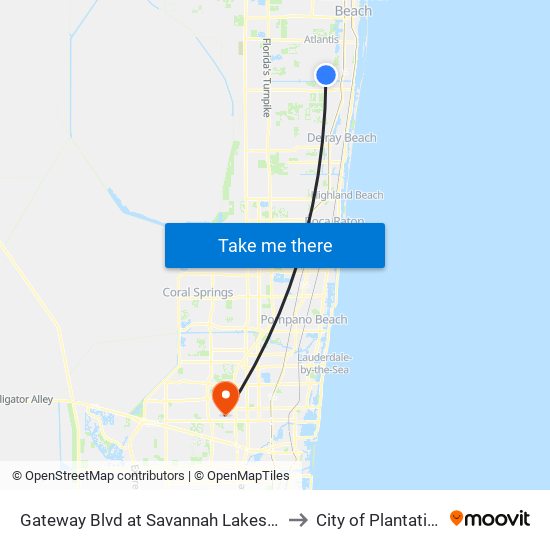 Gateway Blvd at  Savannah Lakes Dr to City of Plantation map